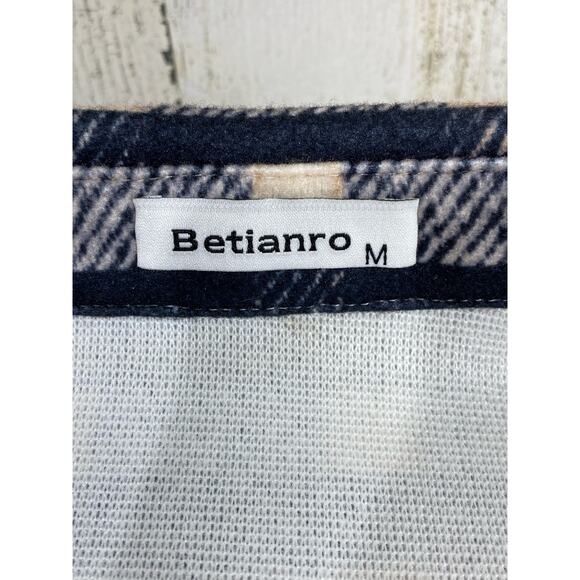 Betianro Womens Flannel Shirt Jacket Shacket Medium Navy Peach Cream Plaid - Picture 3 of 9